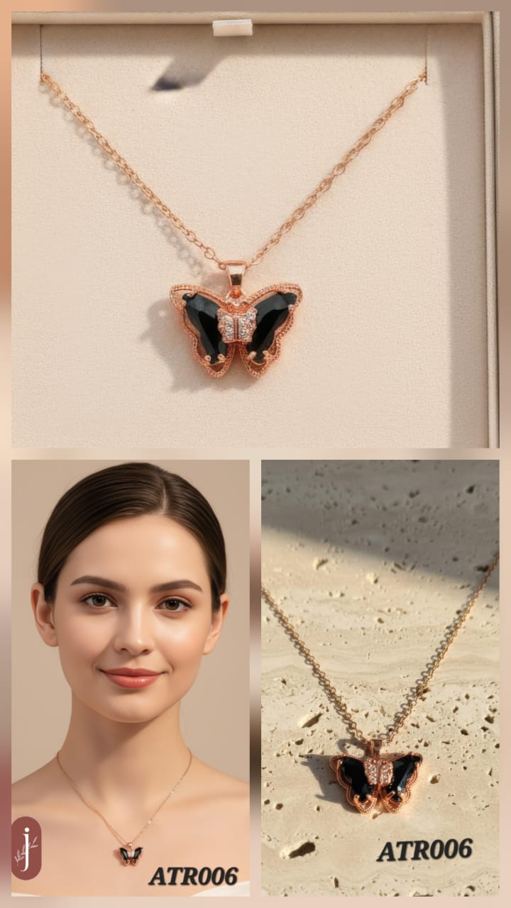 Anti Tarnish Rose Gold Black Butterfly Pendant Necklace - ATR006