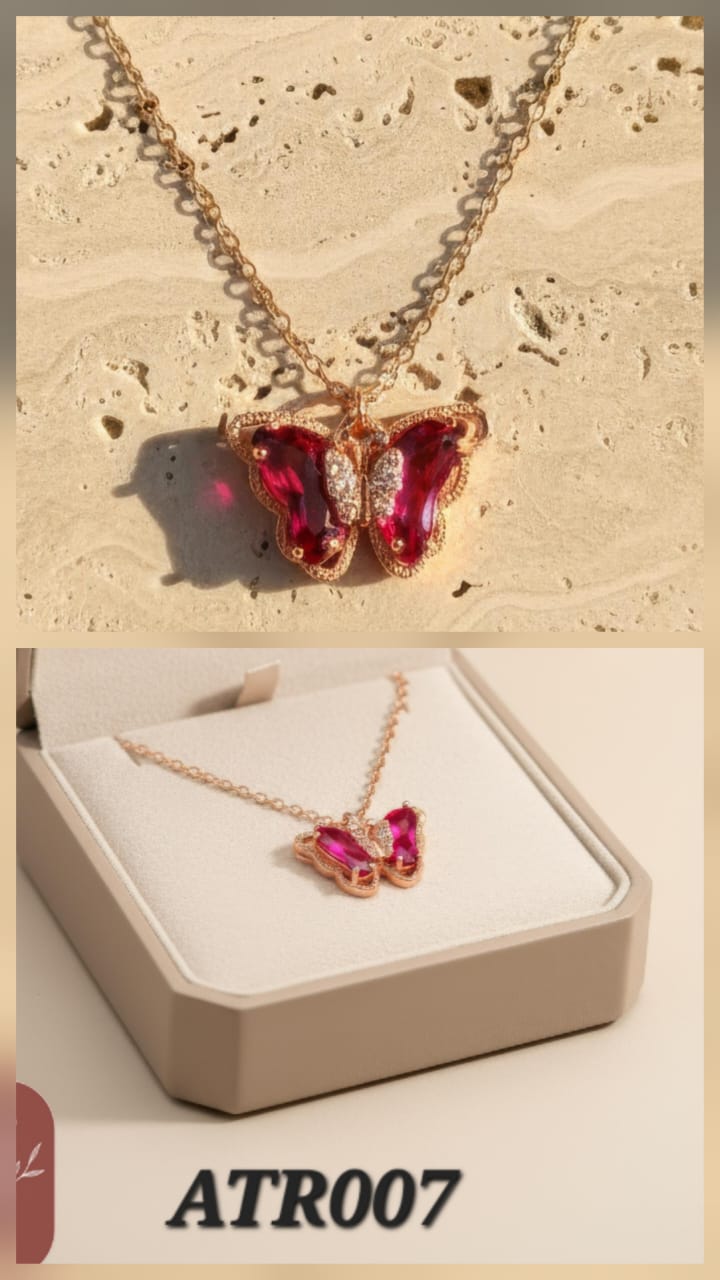 Anti Tarnish Rose Gold Rani Pink Butterfly Pendant Necklace - ATR007