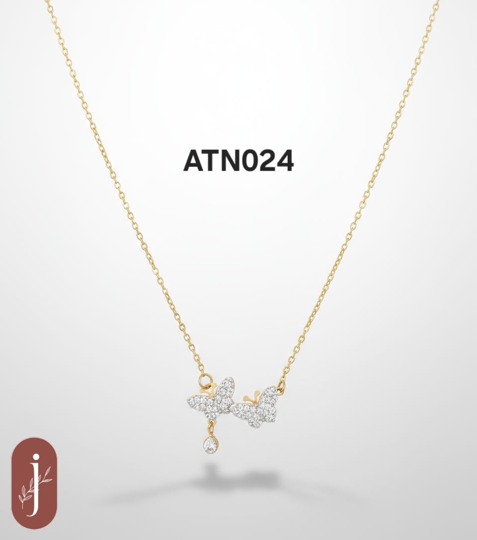 Anti Tarnish Gold Plated Two Glittering Butterflies Pendant Necklace - ATN024