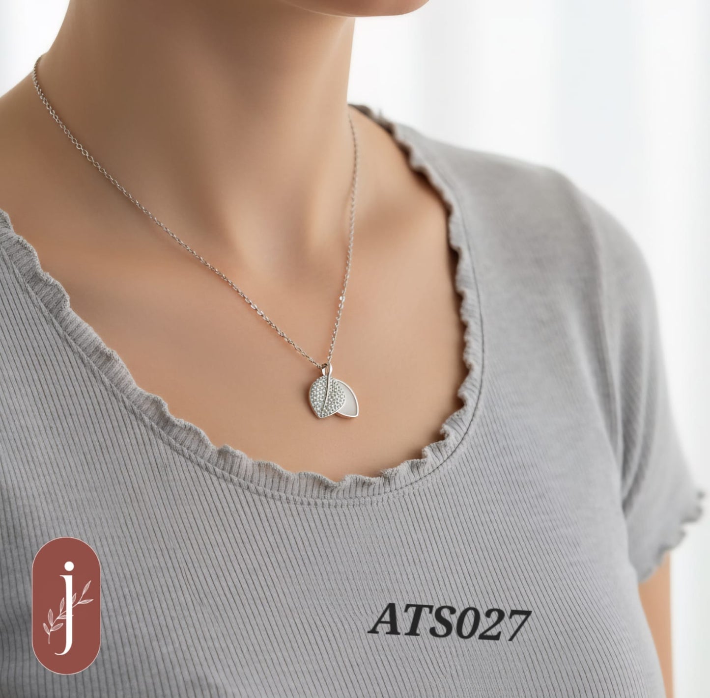 Anti Tarnish Silver Double Leaf Pendant Necklace - ATS027