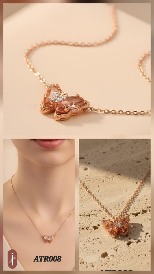 Anti Tarnish Rose Gold Pink Butterfly Necklace - ATR008
