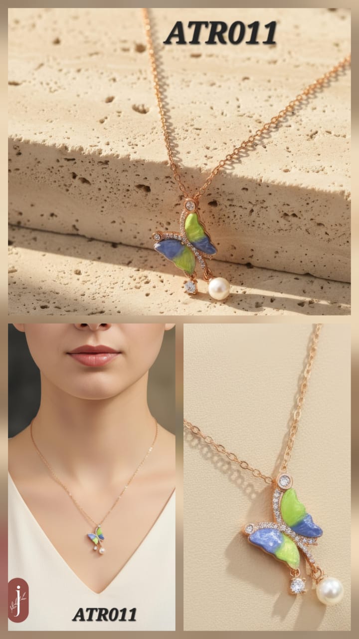 Anti Tarnish Rose Gold Green and Blue Butterfly Pendant Necklace  - ATR011