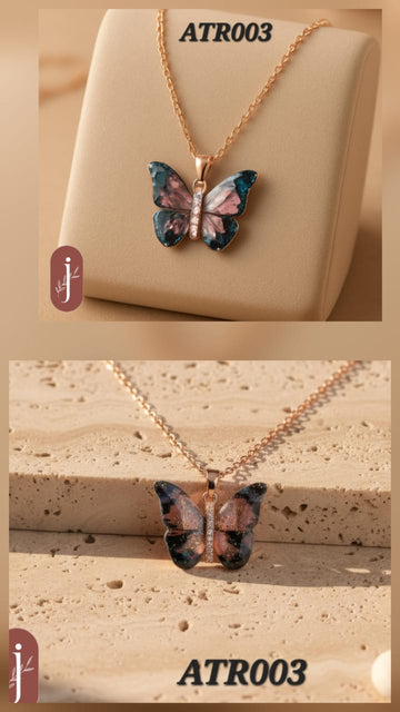Anti Tarnish Rose Gold Navy Blue and Pink Butterfly Pendant Necklace - ATR003