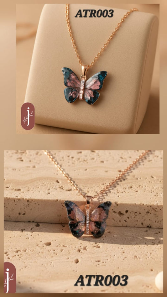 Anti Tarnish Rose Gold Navy Blue and Pink Butterfly Pendant Necklace - ATR003