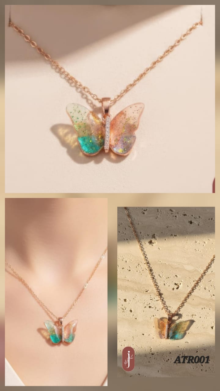 Anti Tarnish Rose Gold Yellow and Green Butterfly Pendant Necklace -ATR001