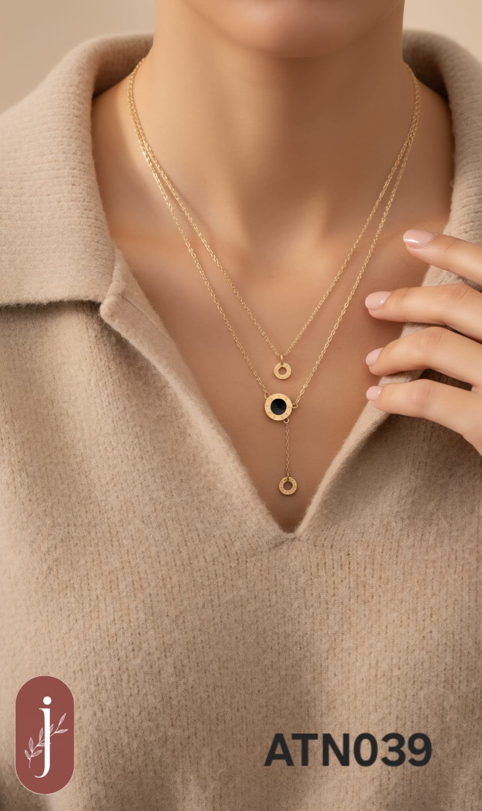 Anti Tarnish Gold Plated Black Circle Pendant Necklace  - ATN039