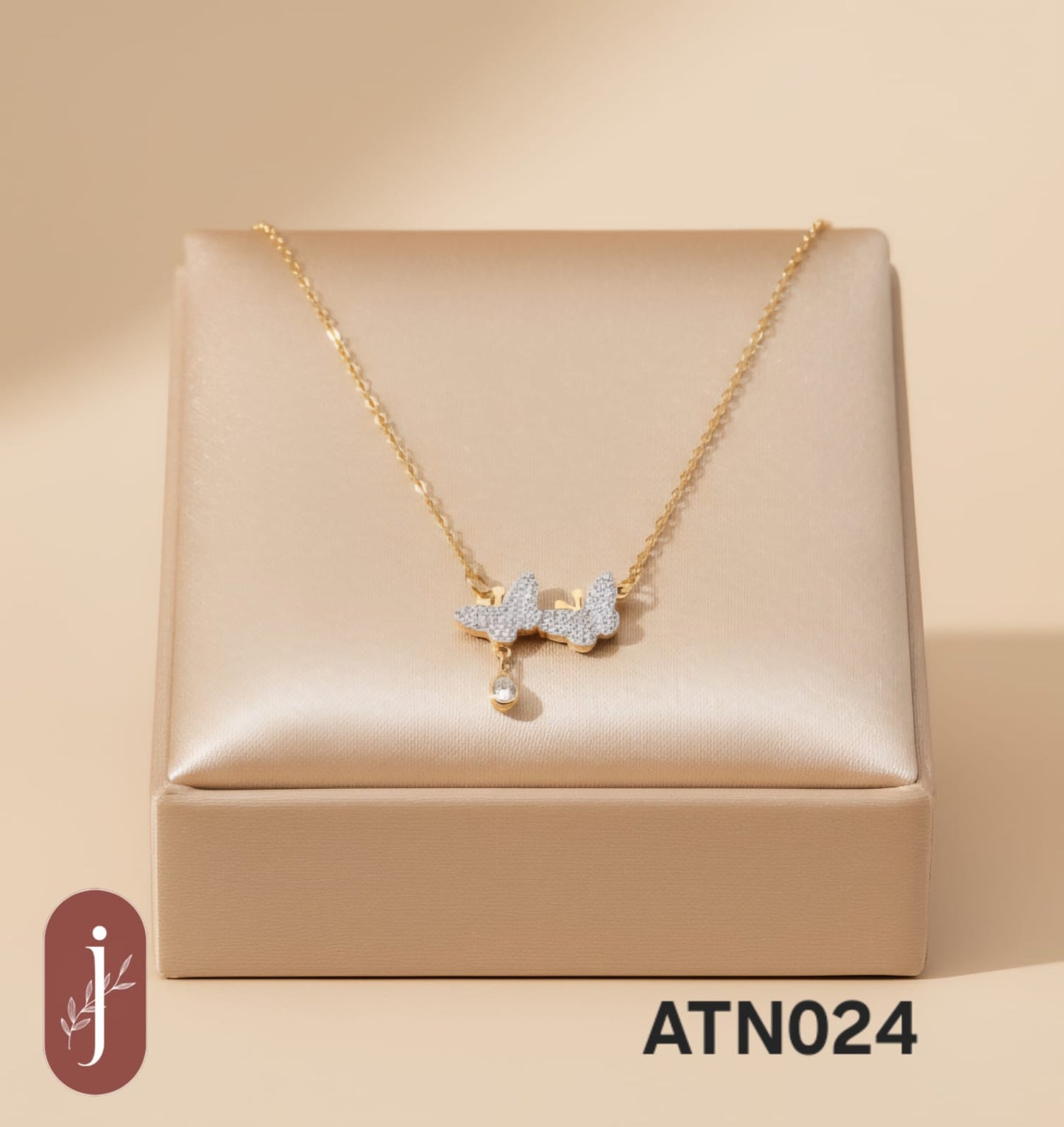 Anti Tarnish Gold Plated Two Glittering Butterflies Pendant Necklace  - ATN024