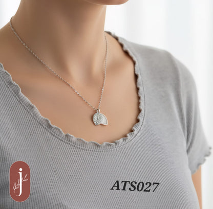 Anti Tarnish Silver Double Leaf Pendant Necklace - ATS027