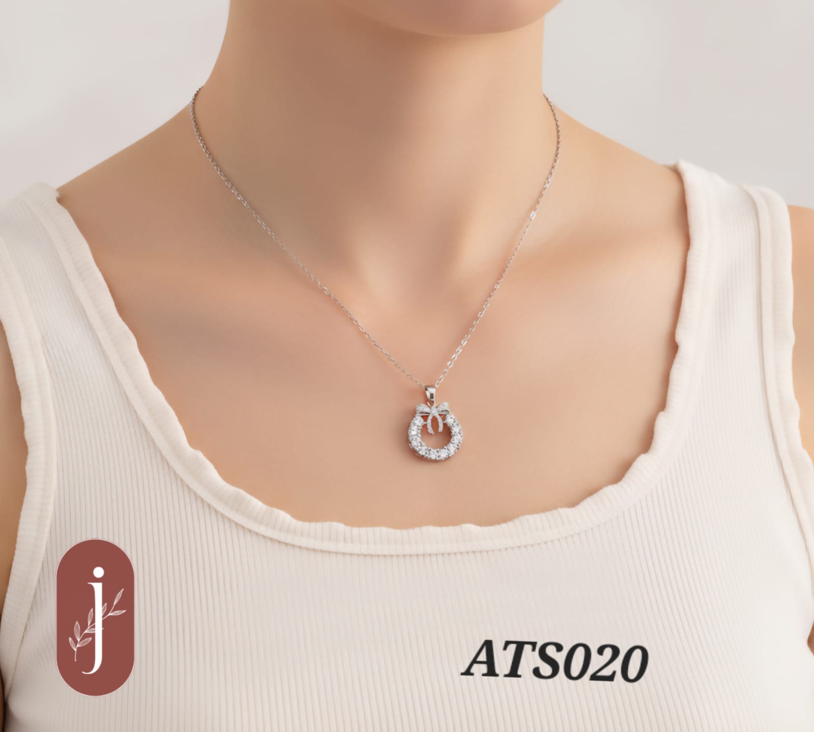 Anti Tarnish Silver Plated  Circle and Bow Pendant   Necklace - ATS020