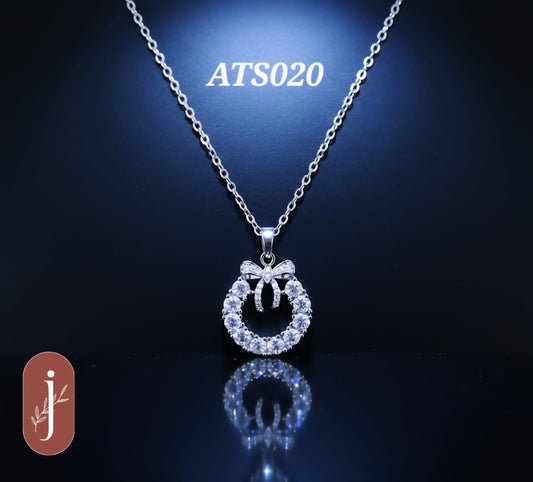 Anti Tarnish Silver Plated  Circle and Bow Pendant   Necklace - ATS020