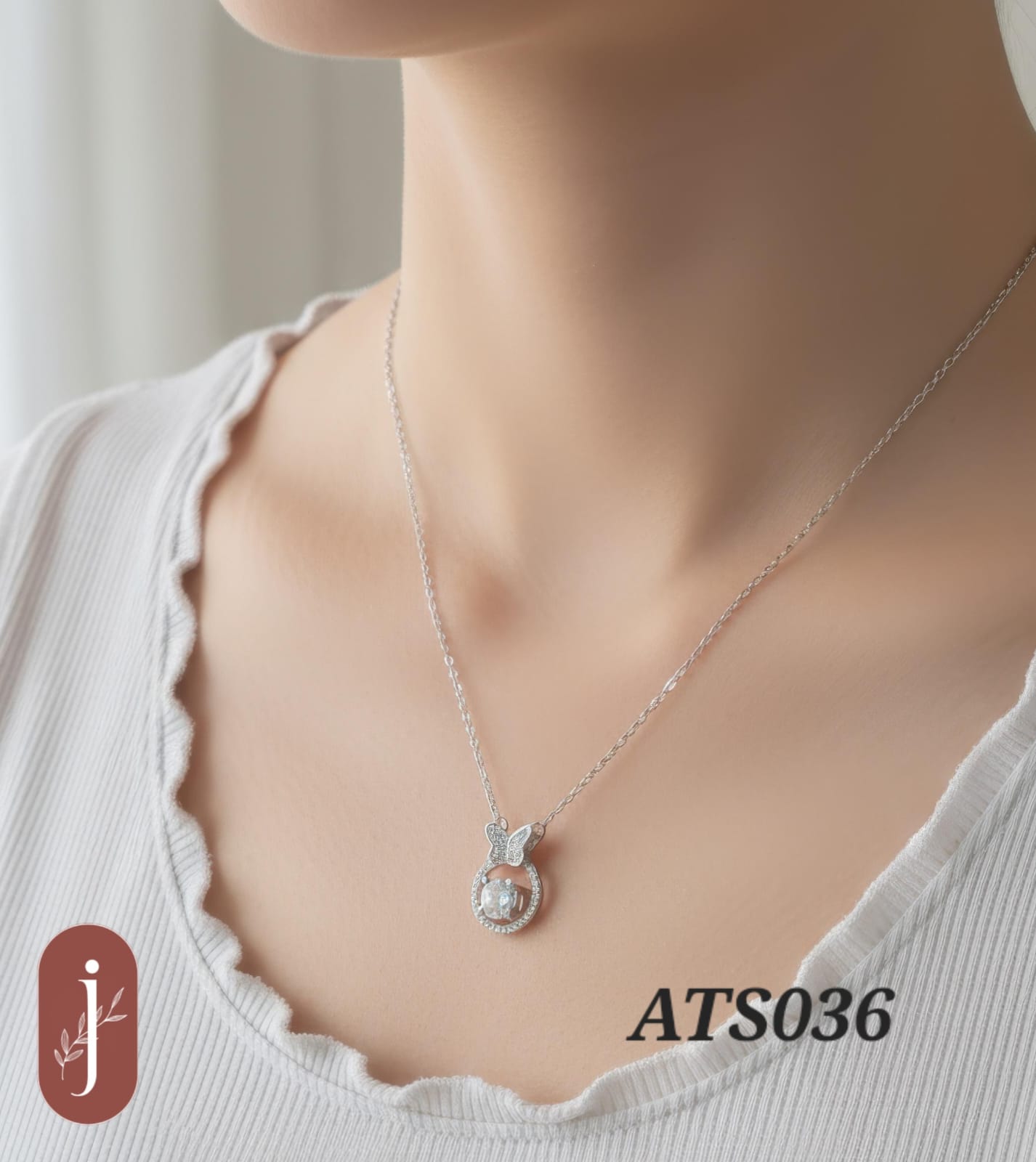 Anti Tarnish Silver Plated Circle and Butterfly Pendant Necklace- ATS036