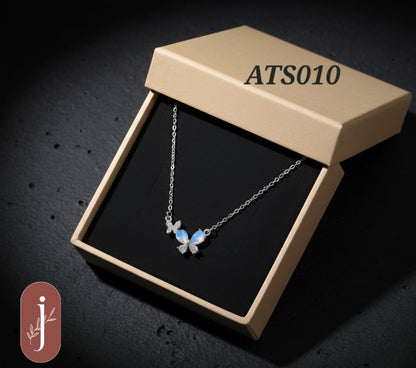 Anti Tarnish Silver Plated Blue Butterflies Pendant Necklace -ATS010