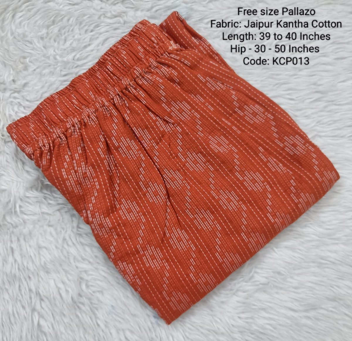 Brick Red Free Size Kantha Stich Cotton Palazzo - KCP013
