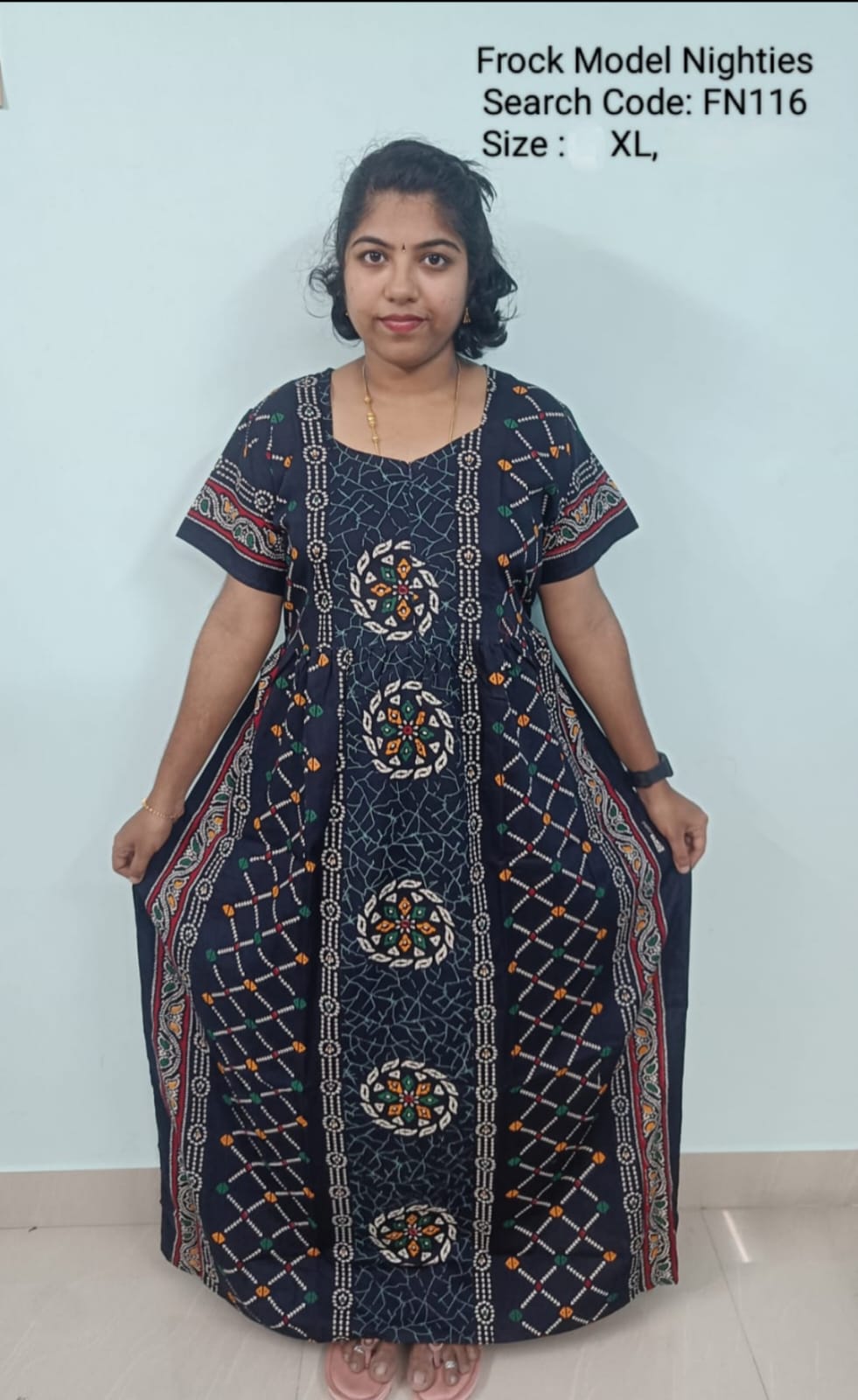 Navy Blue Cotton Nila Frock Model Nighties - FN116