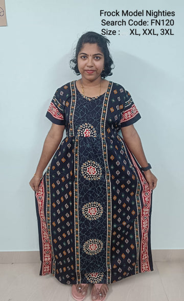 Navy Blue Cotton Nila Frock Model Nighties - FN120