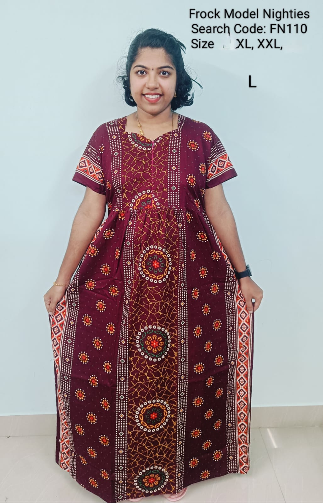 Maroon Cotton Nila Frock Model Nighties - FN110