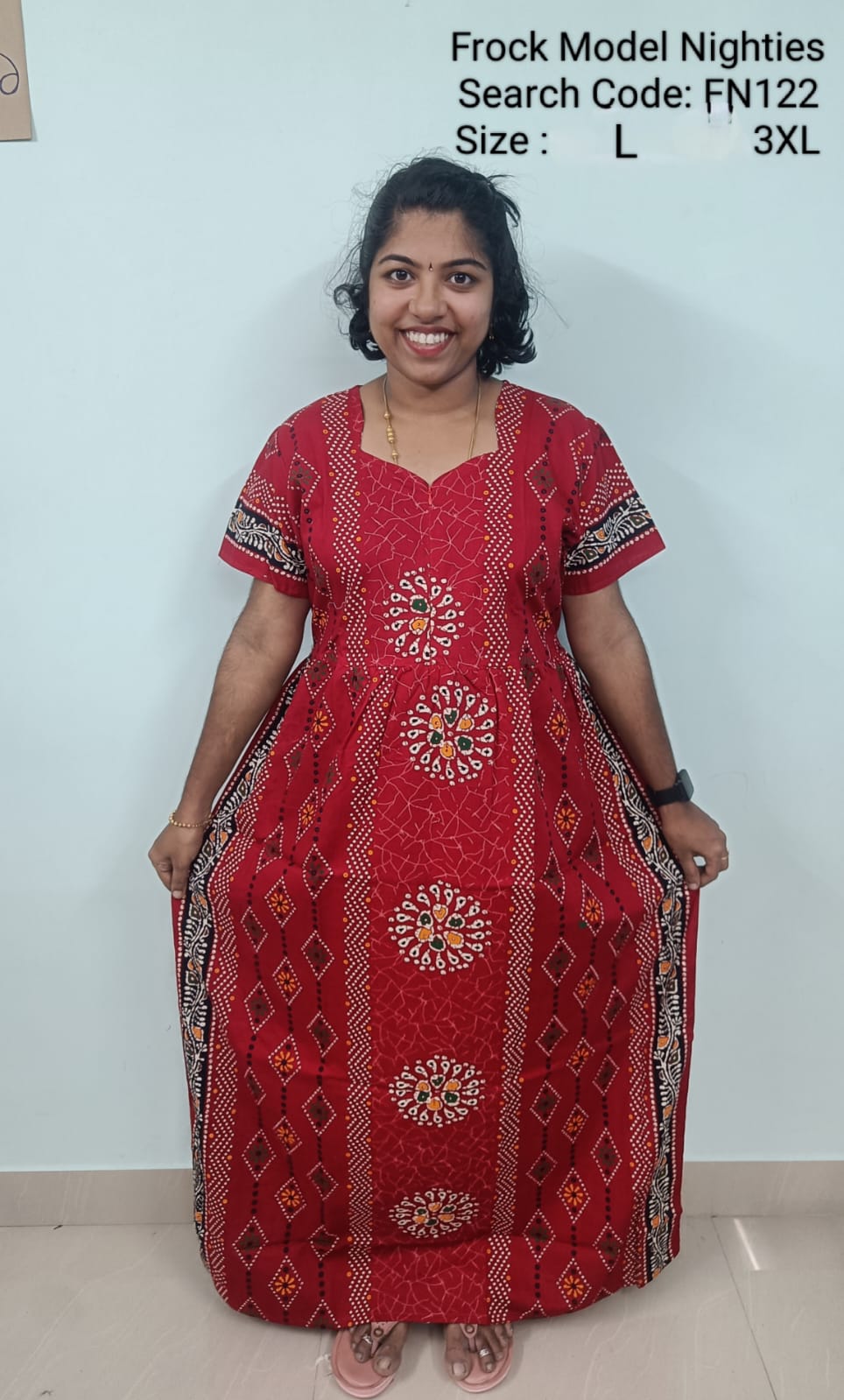 Red Cotton Nila Frock Model Nighties - FN122