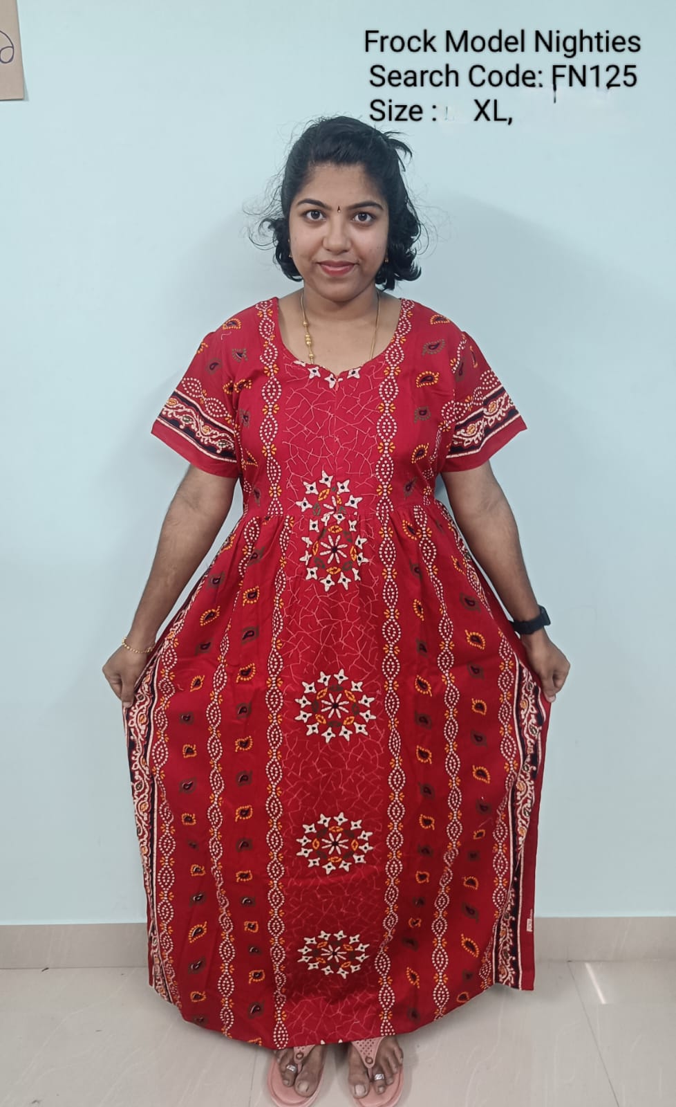 Red Cotton Nila Frock Model Nighties - FN125