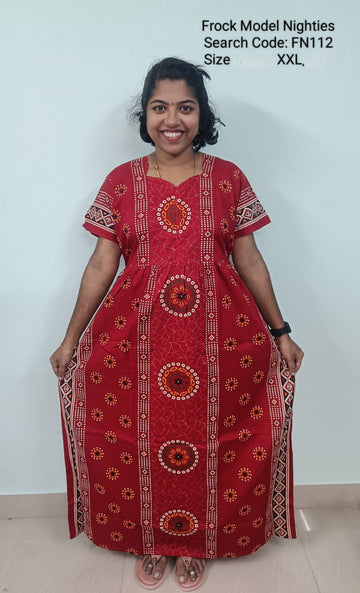 Red Cotton Nila Frock Model Nighties - FN112