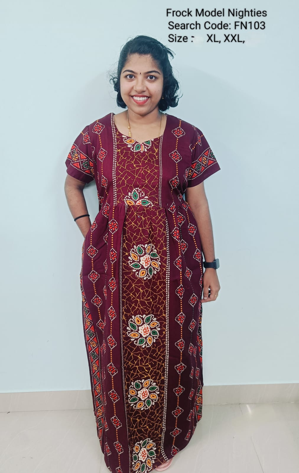 Maroon Cotton Nila Frock Model Nighties - FN103