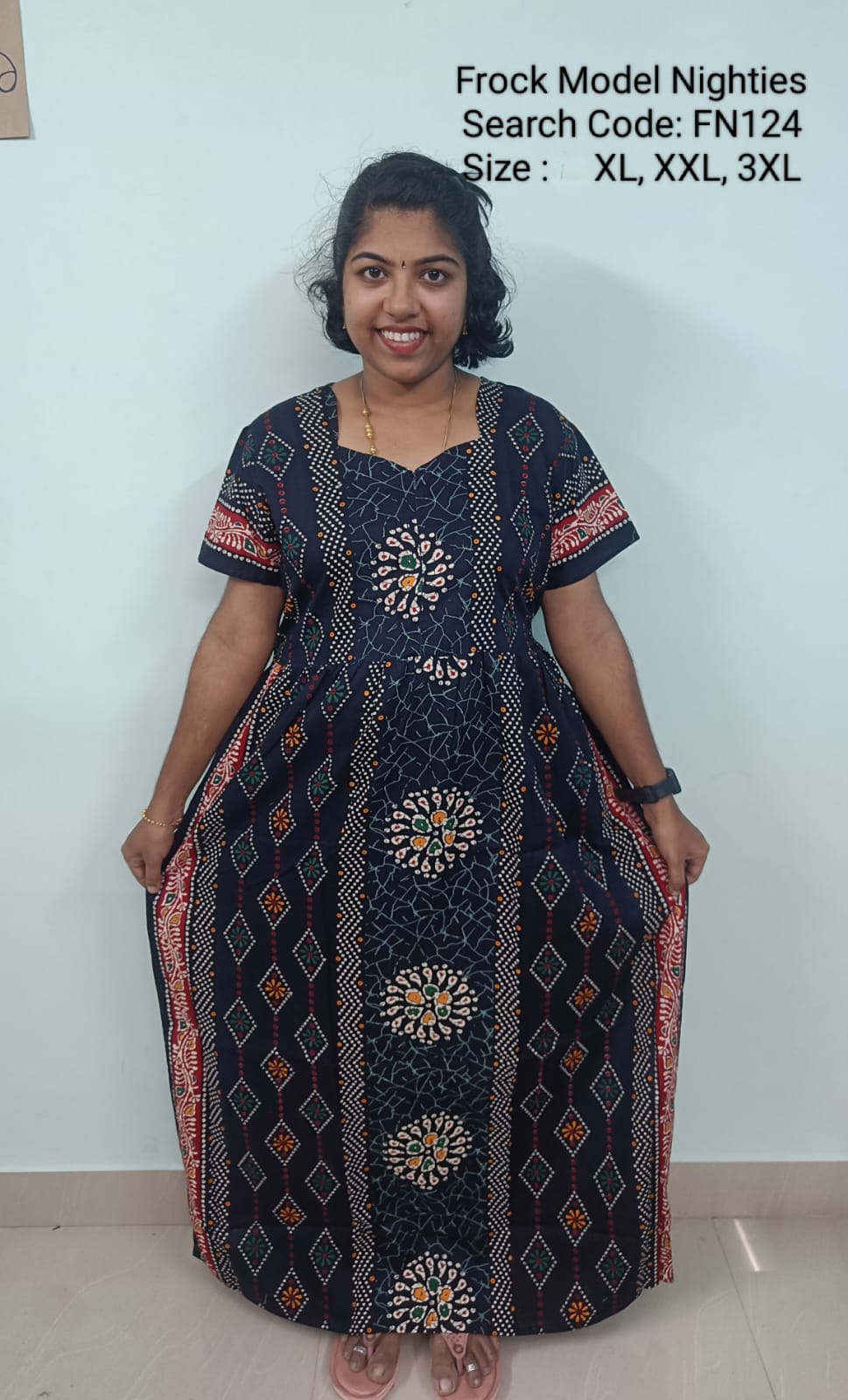 Navy Blue Cotton Nila Frock Model Nighties - FN124