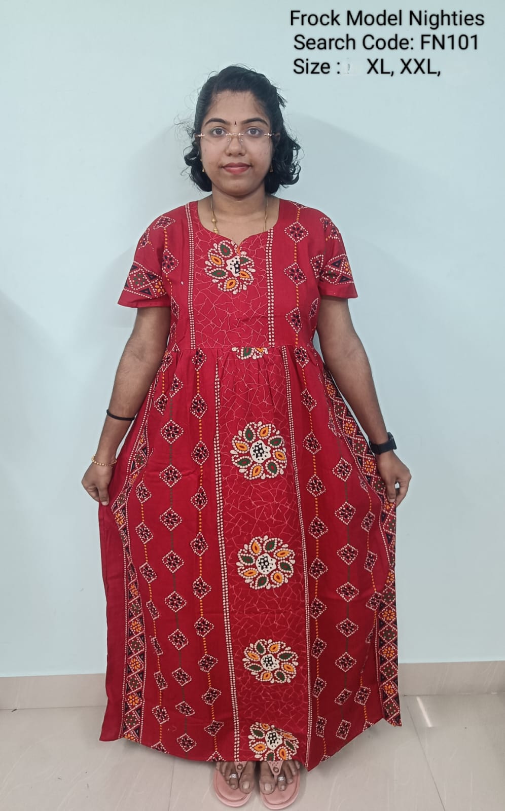 Red Cotton Nila Frock Model Nighties - FN101