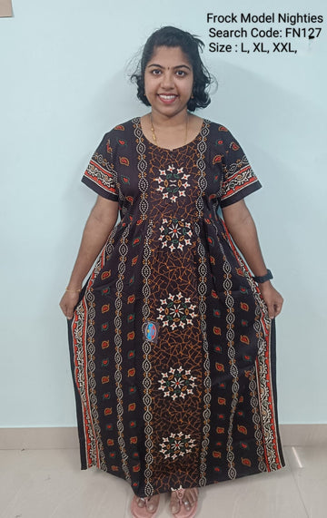 Coffee Brown Cotton Nila Frock Model Nighties - FN127