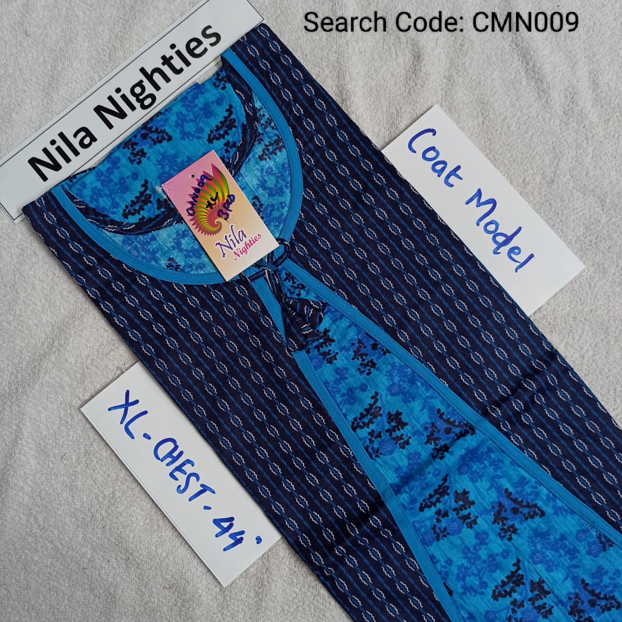 Blue  Cotton Nila Coat Model Nighties - CMN009