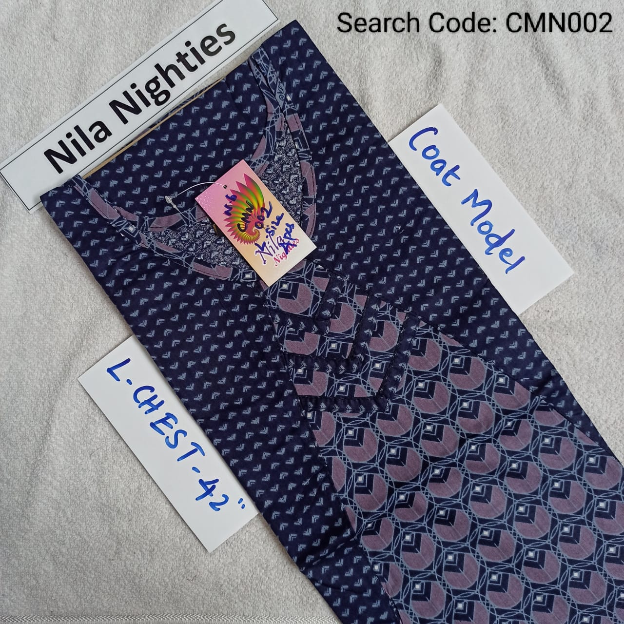 Navy Blue Cotton Nila Coat Model Nighties - CMN002