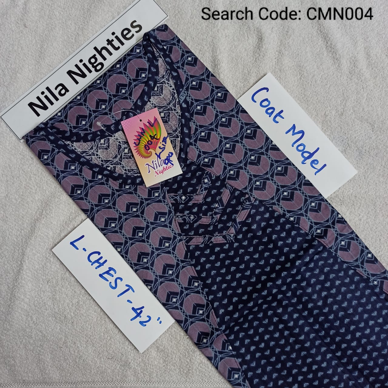 Navy Blue Cotton Nila Coat Model Nighties - CMN004