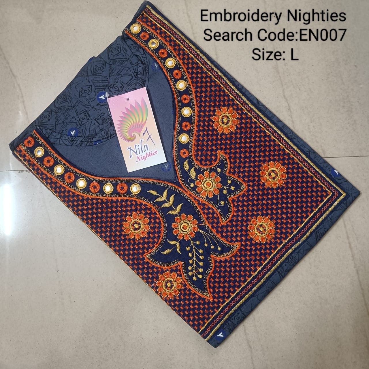 Blue Cotton Nila Embroidery Model Nighties - EN007