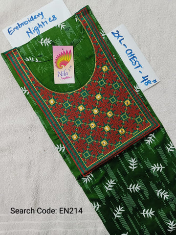Green Cotton Nila Embroidery Model Nighties - EN214