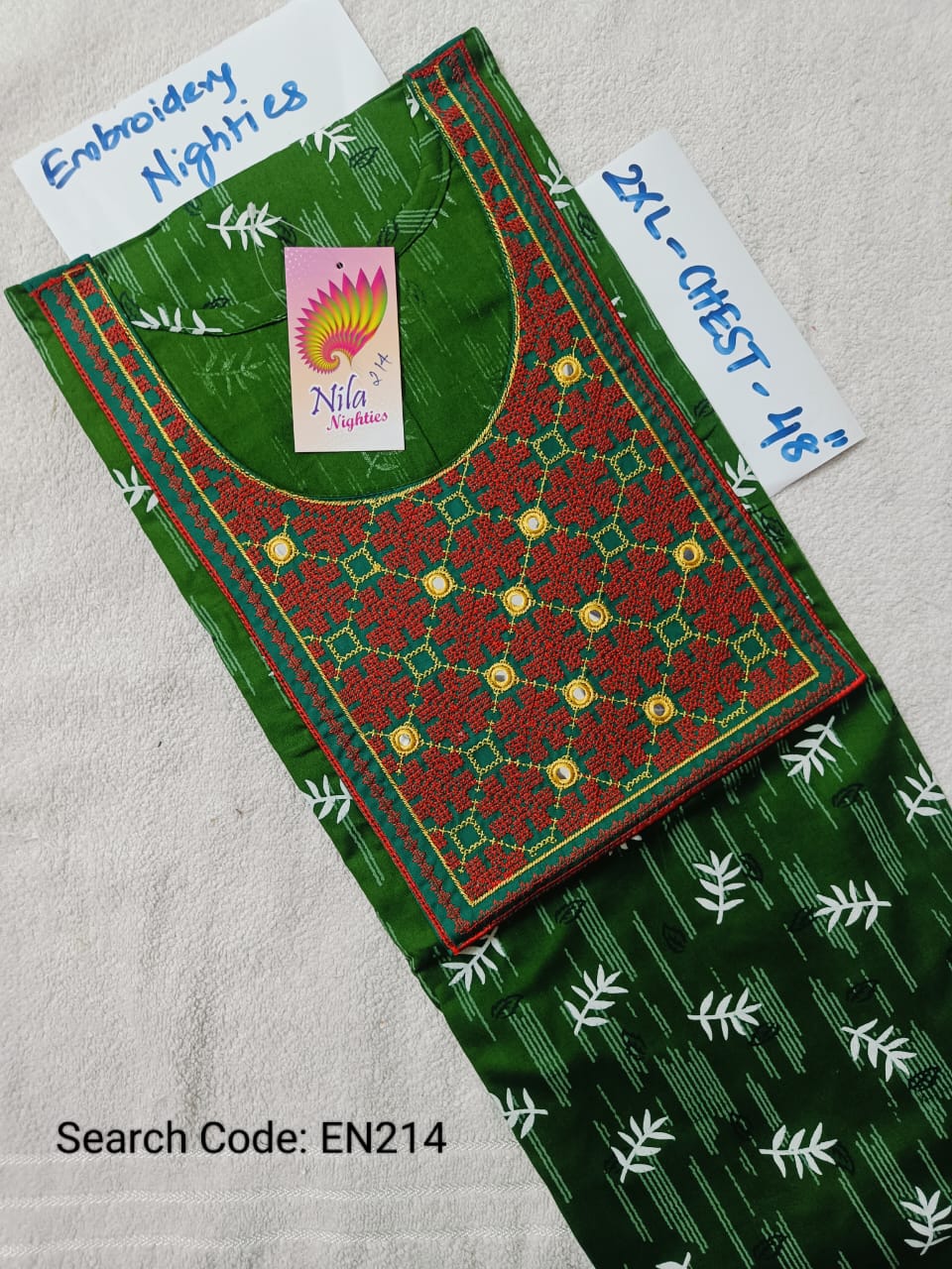 Green Cotton Nila Embroidery Model Nighties - EN214