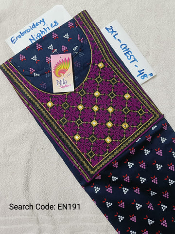 Ink Blue Cotton Nila Embroidery Model Nighties - EN191