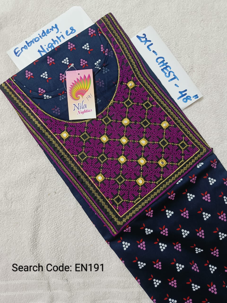 Ink Blue Cotton Nila Embroidery Model Nighties - EN191