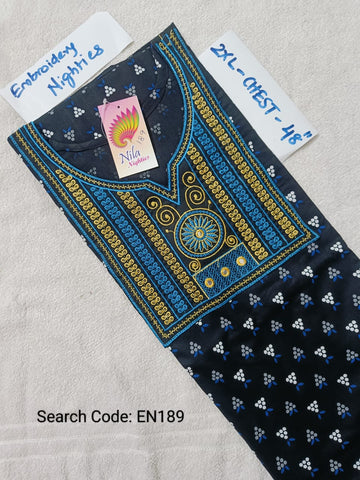 Ink Blue Cotton Nila Embroidery Model Nighties - EN189