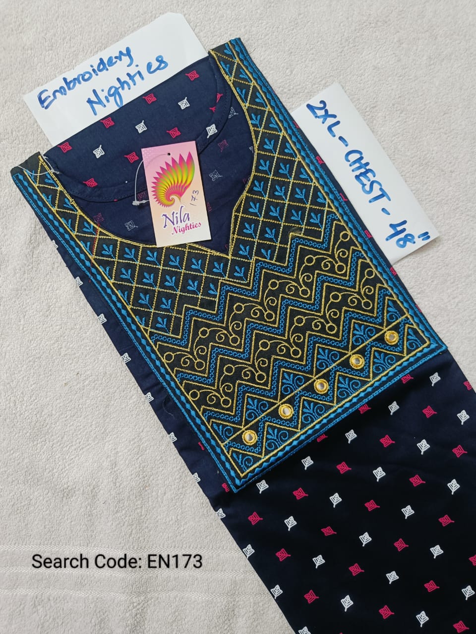 Ink Blue Cotton Nila Embroidery Model Nighties - EN173