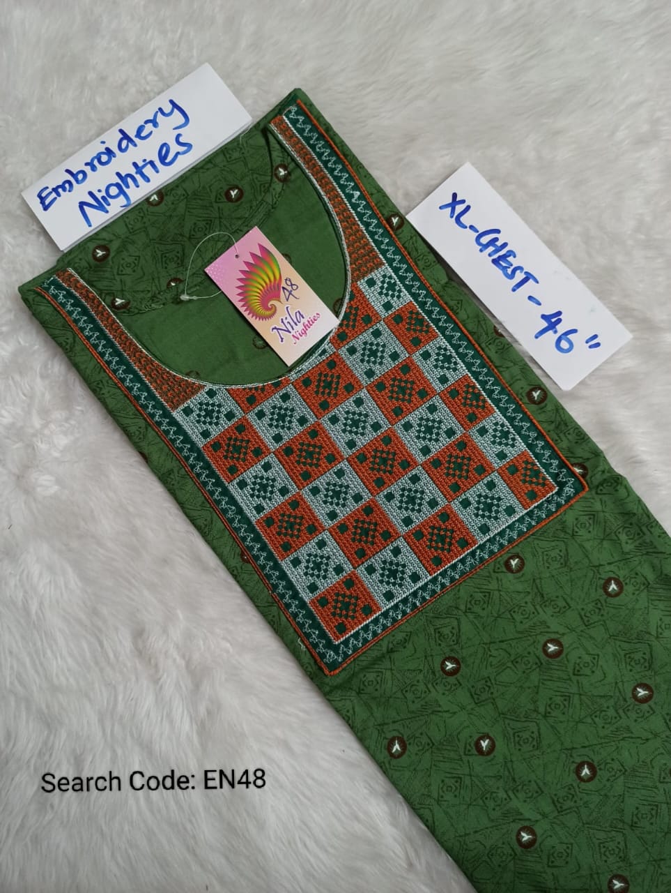 Green Cotton Nila Embroidery Model Nighties - EN48