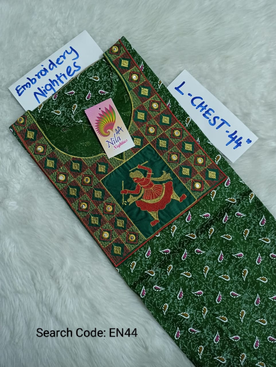 Green Cotton Nila Embroidery Model Nighties - EN44