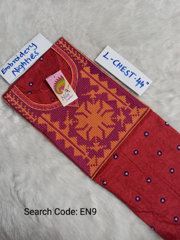 Red Cotton Nila Embroidery Model Nighties - EN9