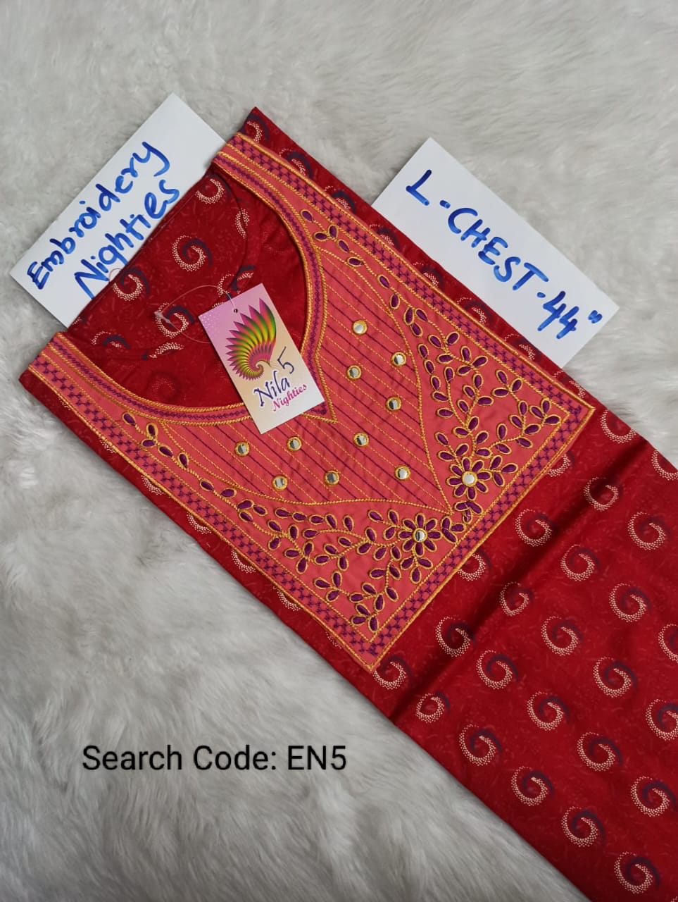 Red Cotton Nila Embroidery Model Nighties - EN5