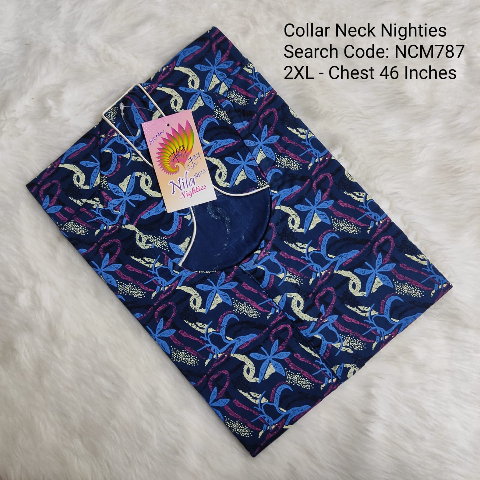 Ink Blue Cotton Nila Collar Neck Model Nighties -NCM787