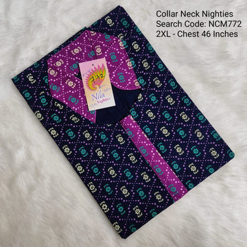 Ink Blue Cotton Nila Collar Neck Model Nighties -NCM772