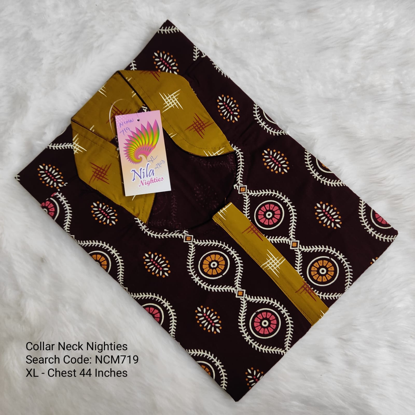 Coffee Brown Cotton Nila Collar Neck Model Nighties -NCM719