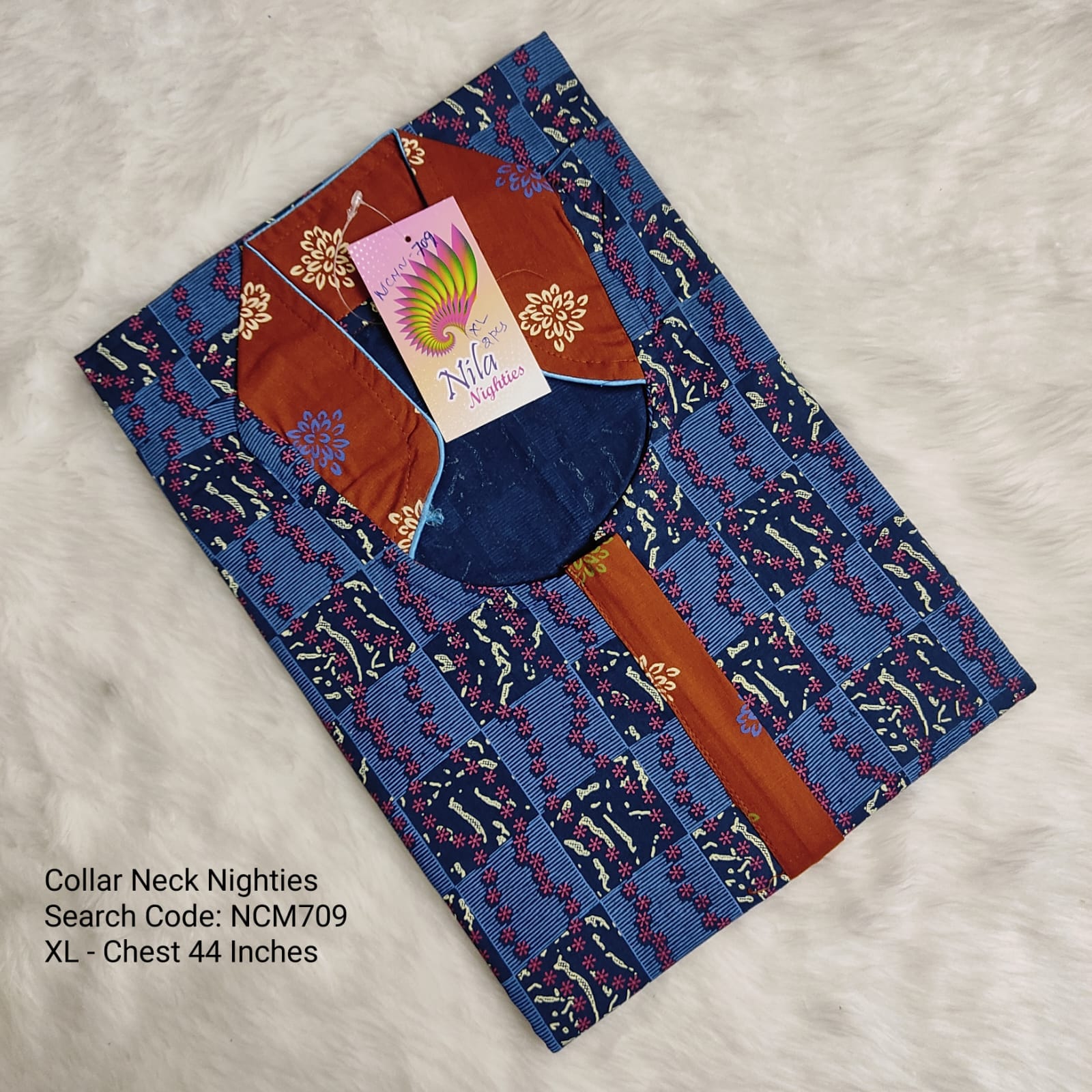 Blue Cotton Nila Collar Neck Model Nighties -NCM709