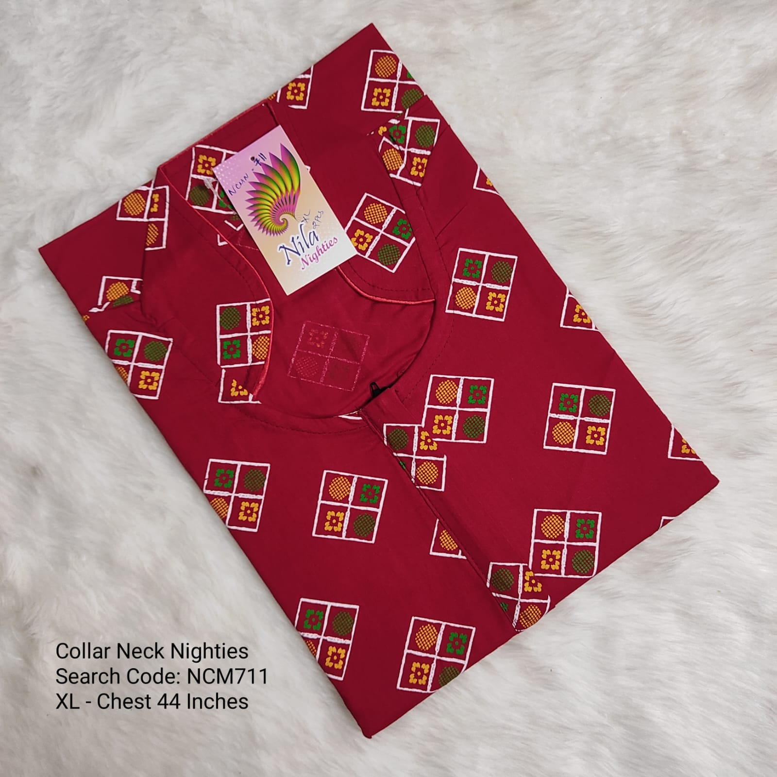 Red Cotton Nila Collar Neck Model Nighties -NCM711