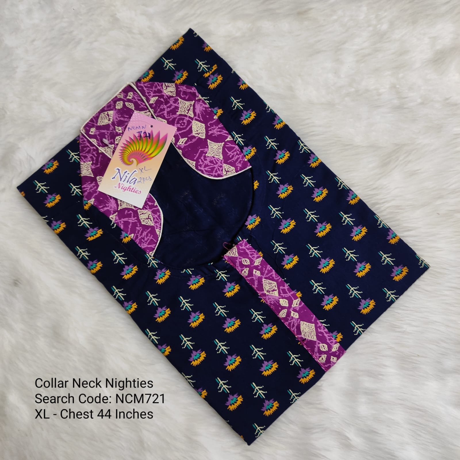 Navy Blue Cotton Nila Collar Neck Model Nighties -NCM721