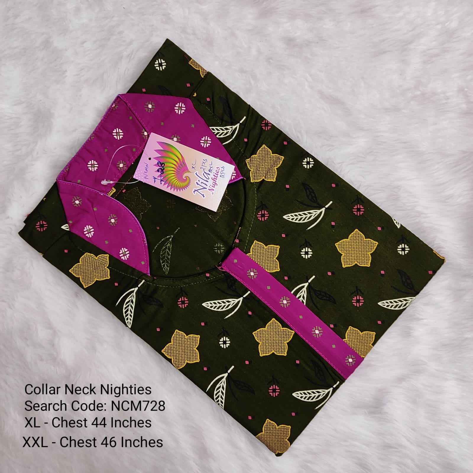 Green Cotton Nila Collar Neck Model Nighties -NCM728