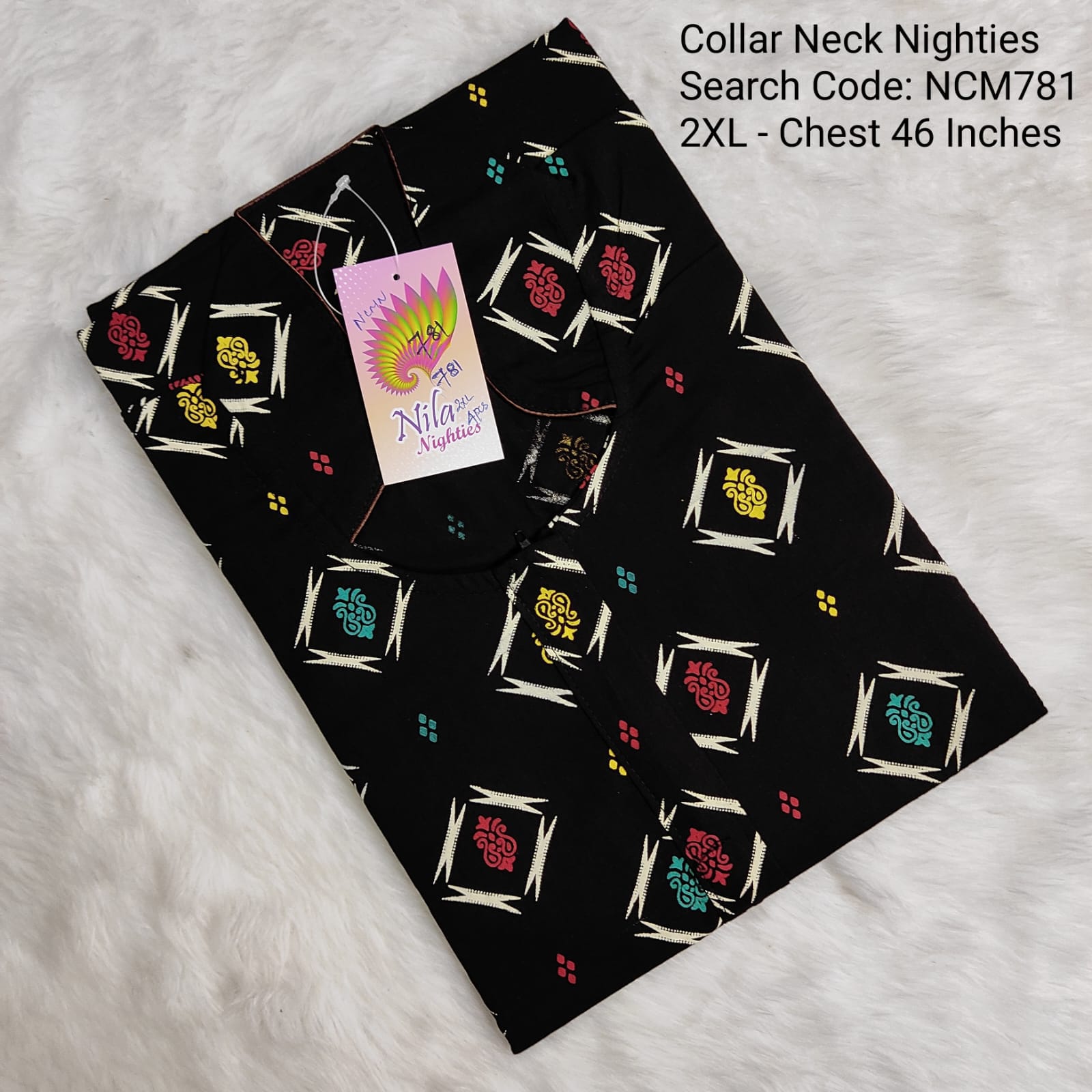 Black Cotton Nila Collar Neck Model Nighties -NCM781