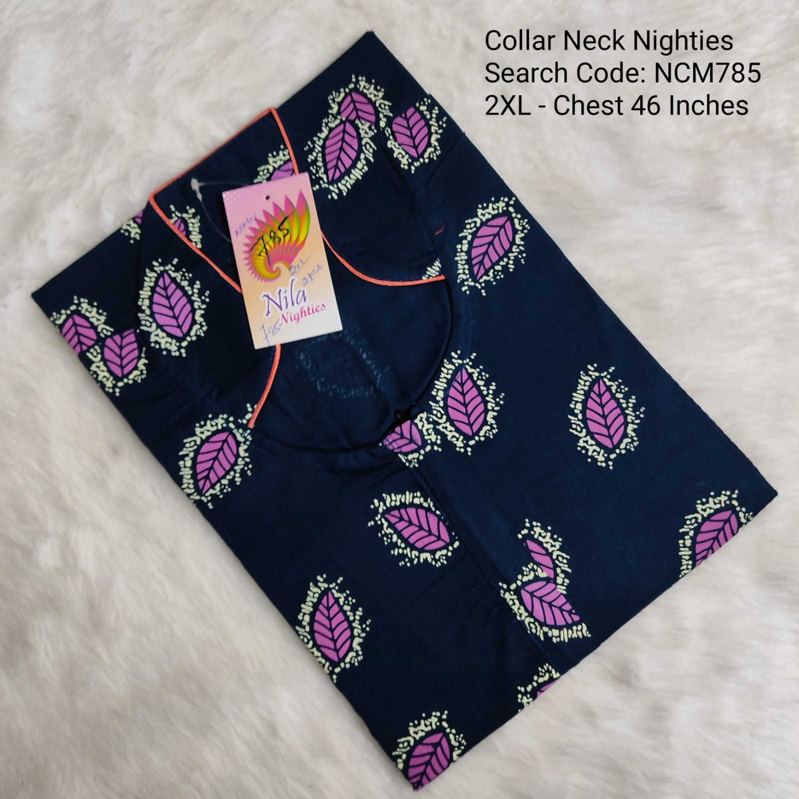 Ink Blue Cotton Nila Collar Neck Model Nighties -NCM785